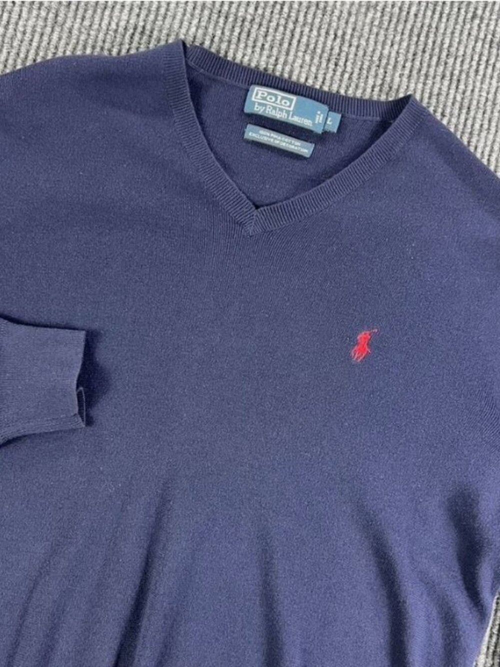 Polo Ralph Lauren Men L V-Neck Sweater Navy Blue Red Pony Pima Cotton